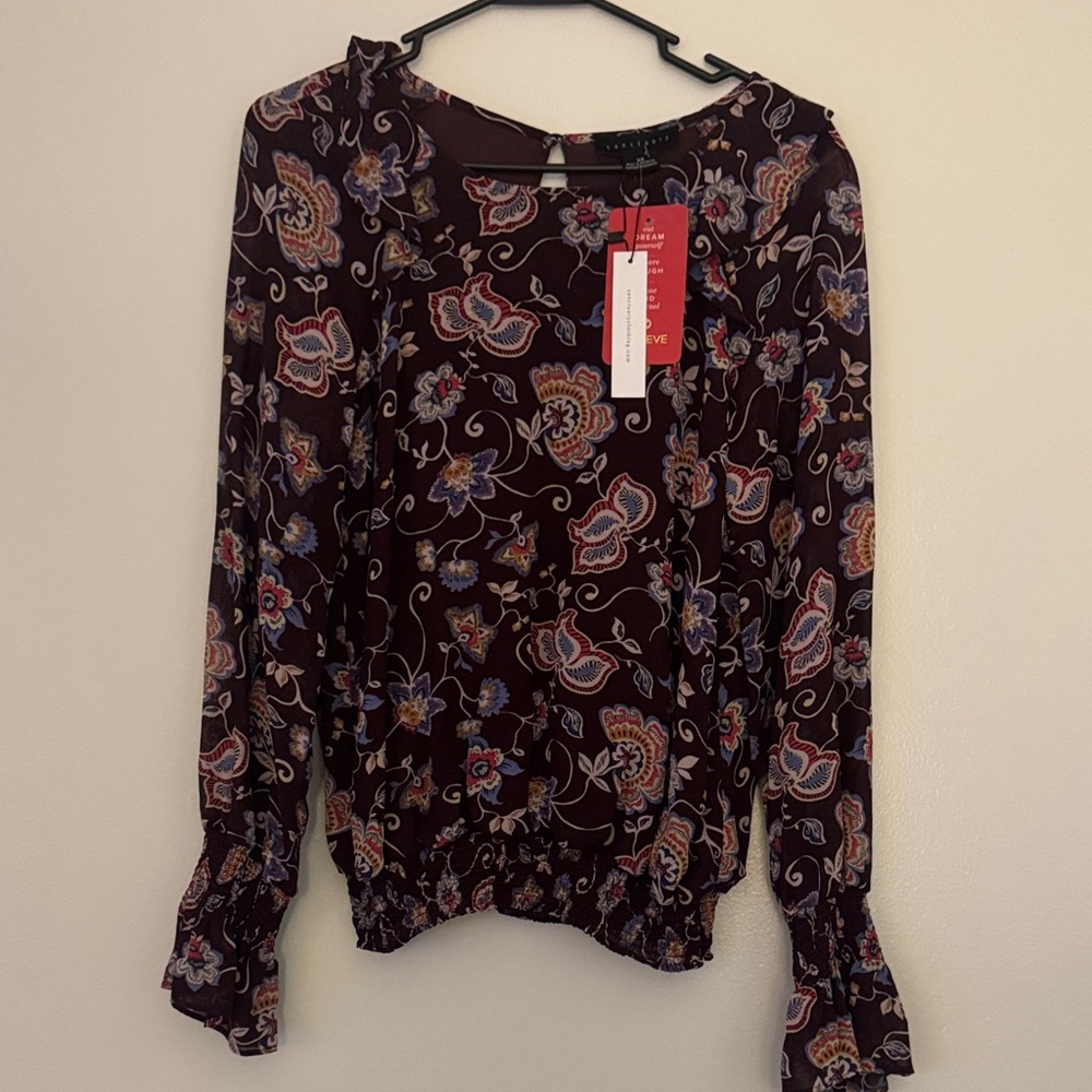 Sanctuary Burgundy Floral Pintuck Ruffle-Trim Peasant Blouse